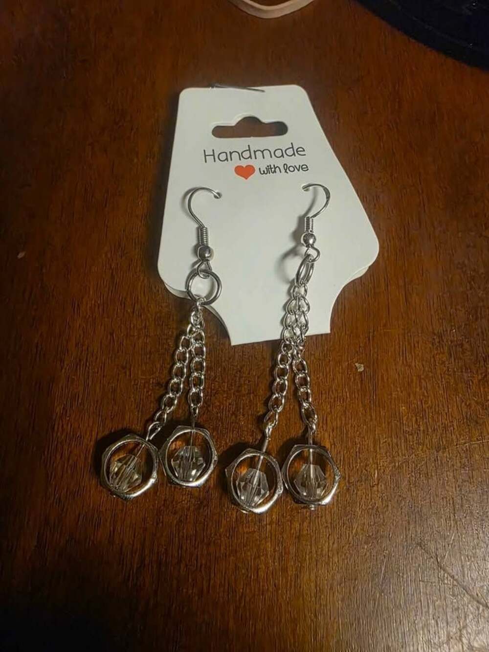 Handmade Silver Chain Dangle Earrings with Crystals